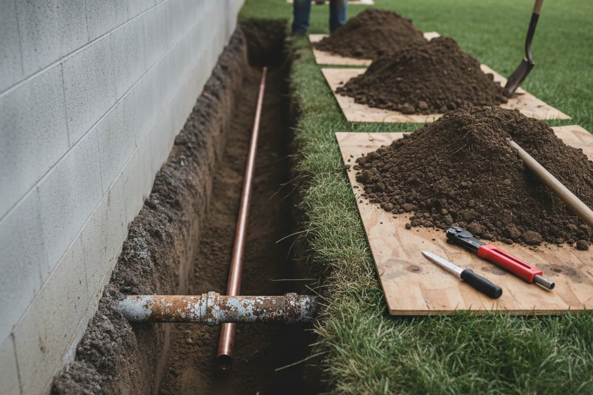 Excavated water line trench during Sewer Line Repair in Opp